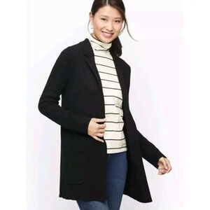 Talbots M Merino Wool Open Front Cardigan Sweater Jacket Knit Blazer Top Black